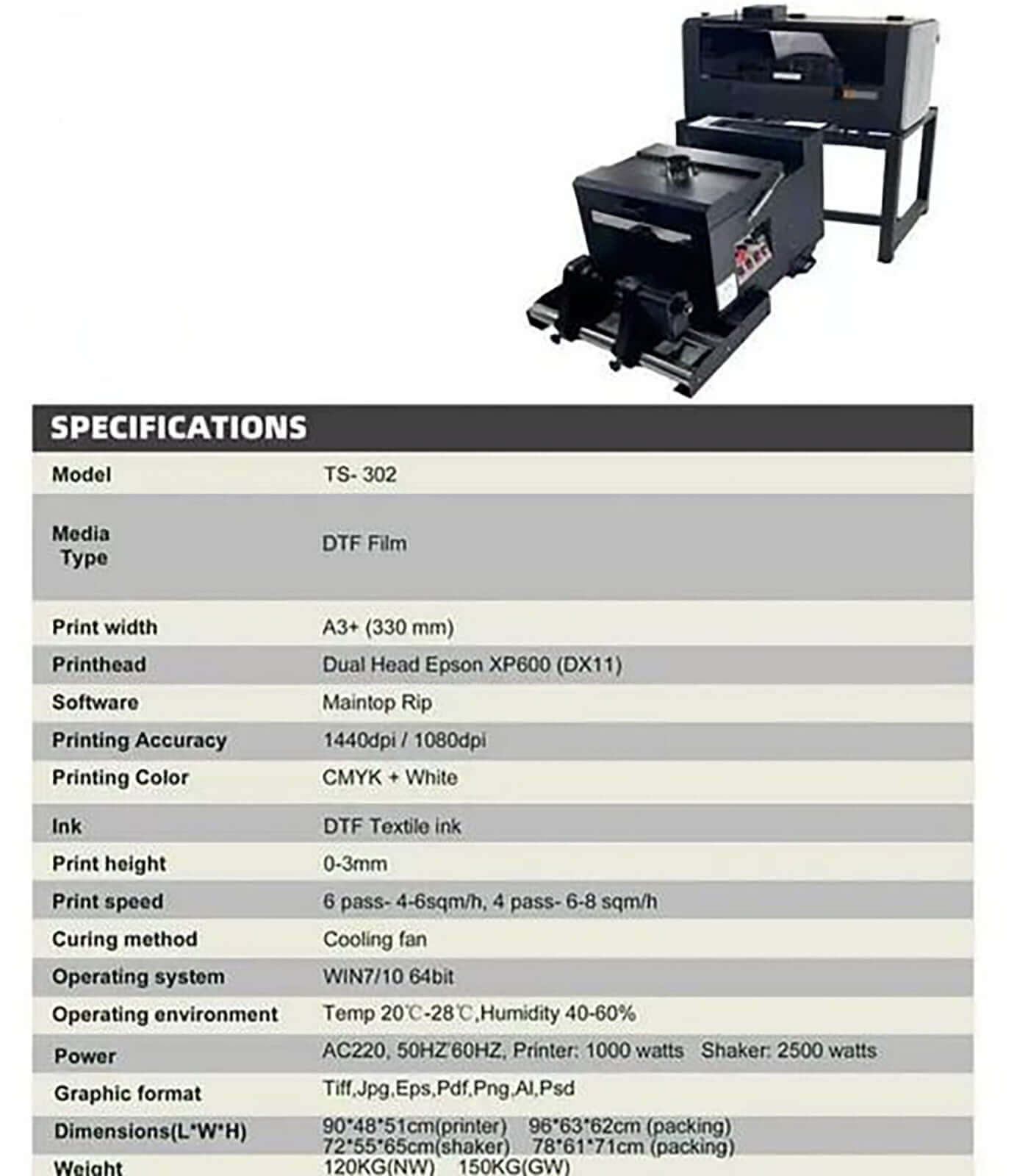 A3 DTF Printer Dual Print Head Epson XP600 with specifications displayed, featuring high-quality printing in Weston Florida.