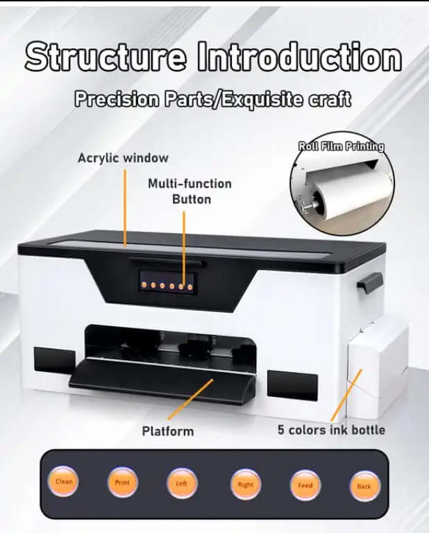 XP600 Desktop DTF Printer with acrylic window and multi-function buttons, featuring roll film printing and a 5-color ink bottle system.