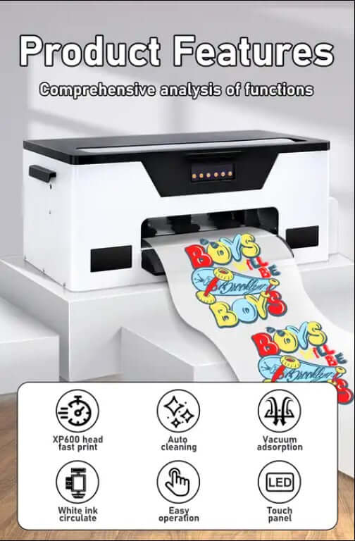 Efficient XP600 DTF printer showcasing vibrant print on PET film with features like fast print, auto cleaning, and LED touch panel.