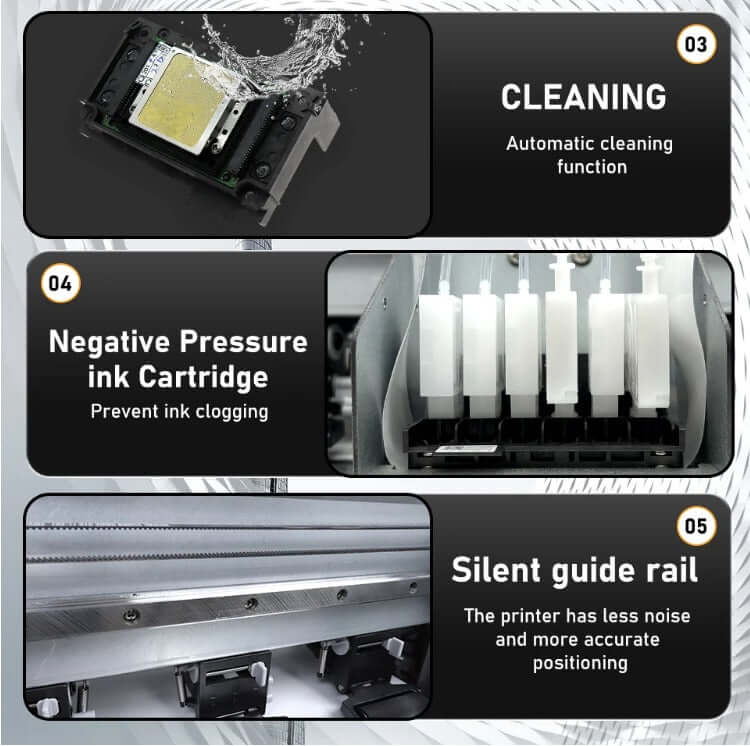 XP600 DTF Printer features - automatic cleaning, negative pressure ink cartridge, silent guide rail for precise printing