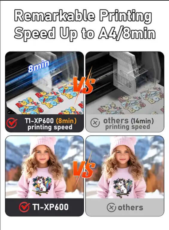 Comparison of TI-XP600 printer speed vs others for vibrant garment printing.